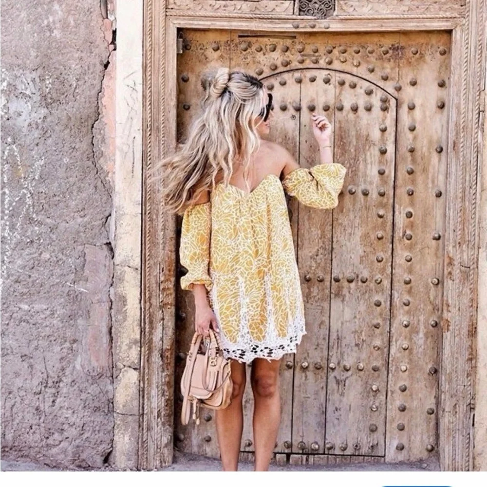 Lovers + Friends | Fairy Off Shoulder Crochet Mosaic Mustard Mini Dress - Picture 2 of 10